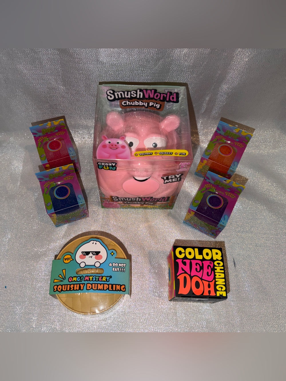 NeeDoh Color Change, Gummy Gumdrop, Omg  Dumping & Pig - 7 Piece Squishy Lot